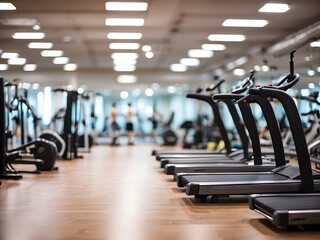 Blurred image of a spacious fitness center with gym equipment, generative AI