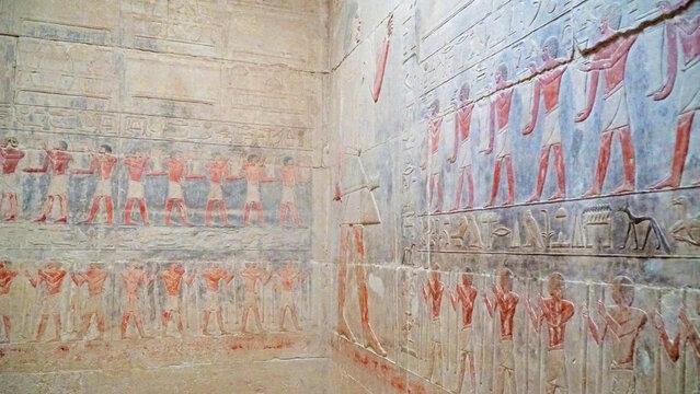 Colourful Reliefs Inside the Tomb of Kagemni, Memphis Saqqara. Cairo, Egypt - February 1, 2024.