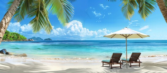 Beautiful beach with palm trees and lounge chairs under an umbrella on the shore of crystal clear blue water against a white sky background panorama Generative AI - obrazy, fototapety, plakaty