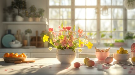 Easter festivities with a vibrant table adorned with spring flowers in a sunlit April kitchen, offering abundant space for text overlays.
