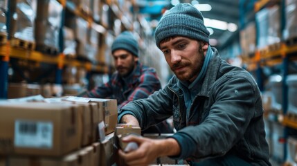 Fototapeta premium Amidst the constant hum of machinery, two male workers in a distribution hub diligently prepare and organize boxes on pallets. Their synchronized movements and attentive packing methods