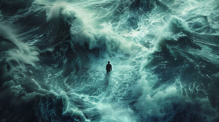 A person navigating through turbulent waters, symbolizing adapting to changes in business strategies - obrazy, fototapety, plakaty