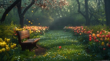 An early spring garden, dew on the fresh green grass, tulips and daffodils in full bloom, and a garden bench where an open book lies forgotten, inviting a moment of peace and renewal - obrazy, fototapety, plakaty
