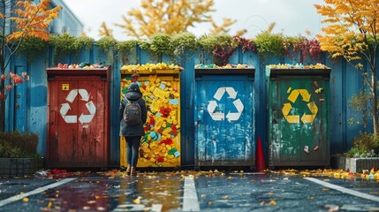 An eco-friendly recycling point on a university campus, where students contribute to a greener future by using designated bins for various recyclables, set against the hopeful - obrazy, fototapety, plakaty