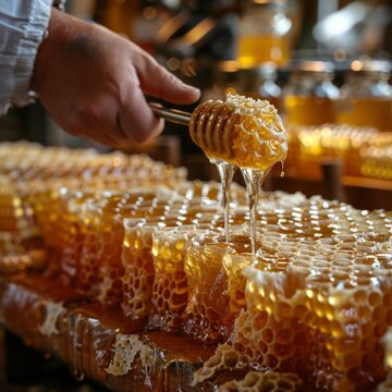 An educational image showing the process of honey extraction, with a beekeeper using a stainless steel uncapping fork to remove the wax caps from a honeycomb.
