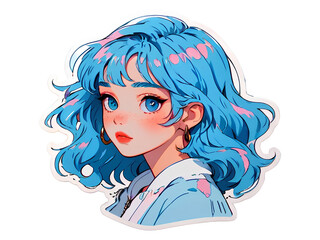 Beautiful cartoon anime girl with curly blue hair sticker with white border