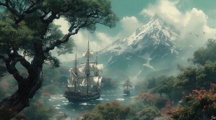 a painting of a ship in the middle of a river with a mountain in the background and birds flying around.