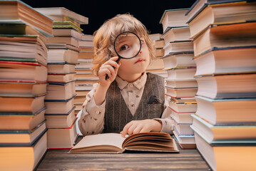 Little researcher boy reads book with magnifying glass in library. Cute clever preschooler playing, studying knowledge with instrument