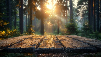 An elegant wooden table with a blurred background of a forest clearing at twilight, the remaining...
