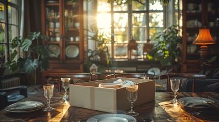 An empty dining room with a large, open cardboard box on the table, filled with carefully wrapped dishes and glasses, ready for unpacking, signifying the beginning of settling into a new home - obrazy, fototapety, plakaty