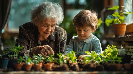An engaging afternoon where a grandmother is showing her grandson how to plant seeds in small pots inside the house, with a small gardening set laid out on a table  - obrazy, fototapety, plakaty