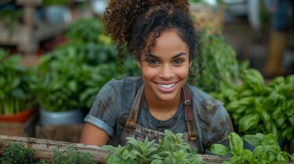 An enthusiastic urban gardener tenderly tending to her wooden raised bed, filled with a variety of herbs and spices, right in the heart of the city, demonstrating the joy and possibility of growing