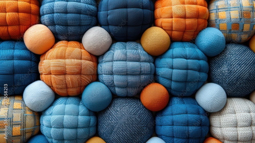 Poster a close up of a bunch of balls made out of different colors and sizes of fabric on top of each other