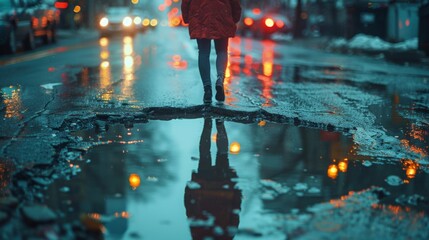 An image capturing a pedestrian stepping over a large puddle formed in a pothole, reflecting the city lights of the early evening, symbolizing the daily challenges faced by residents due to the poor  - obrazy, fototapety, plakaty