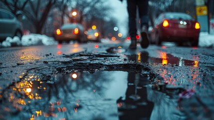 An image capturing a pedestrian stepping over a large puddle formed in a pothole, reflecting the...