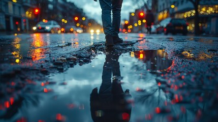 An image capturing a pedestrian stepping over a large puddle formed in a pothole, reflecting the city lights of the early evening, symbolizing the daily challenges faced by residents due to the poor  - Powered by Adobe