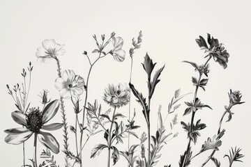 Monochrome botanical floral pattern with various flowers. A seamless, elegant black and white floral pattern featuring assorted blooming flowers and foliage, perfect for a variety of design uses.