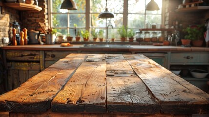 An unpolished, earthy wooden table top provides a raw, grunge aesthetic, with a kitchen backdrop that softly suggests the warmth of home life. This setting is ripe for advertisers looking - obrazy, fototapety, plakaty
