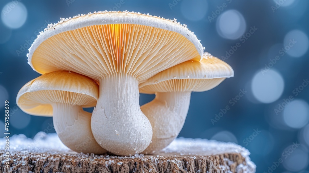 Poster a close up of a group of mushrooms on a tree stump with snow on the top and bottom of the mushrooms.