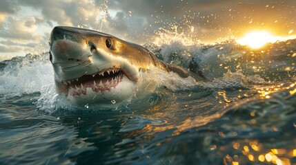 Sunset Fury: Great White Shark Emerges - obrazy, fototapety, plakaty
