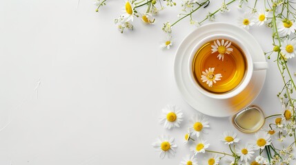 Obraz na płótnie Canvas A soothing cup of chamomile and honey tea set against a white background, with ample copy space available for text or additional elements.