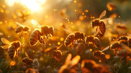 Capture bees as they return to their hive during the golden hour, with the setting sun casting a...