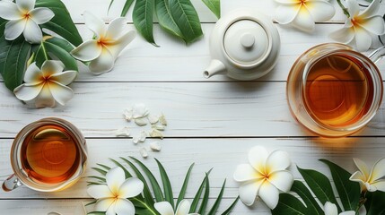 Herbal healthy drinks such as hot tea for health care, served with a teapot and arranged with frangipani flowers in a flat lay style