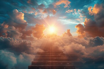 Path to Heaven concept, with stairs leading to bright sun in the sky - obrazy, fototapety, plakaty