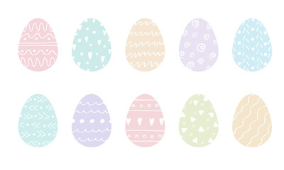 Set of colorful Easter Eggs with hand Drawn white ornament. Cute cartoon spring holiday illustration. Easter traditional decoration Symbol for design. Egg hunt element isolated on white