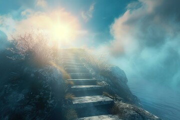 Path to Heaven concept, with stairs leading to bright sun in the sky