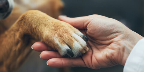 Human Hand Gently Holding a Canine Paw Signifying Compassion and Trust, human-animal bond