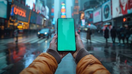 Close-up of female hands holding a smartphone with a blank green screen, standing on a bustling city street corner, with the blur of passing pedestrians and the vibrant city life in the background - obrazy, fototapety, plakaty