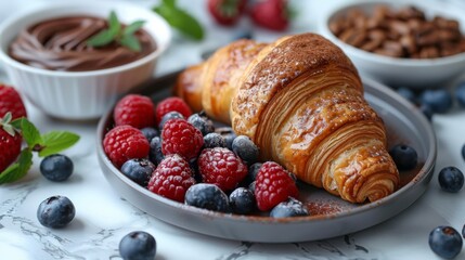 Croissant with fresh berries, chocolate spread and butter with cup of coffee on a marble texture...