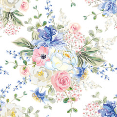 Roses, pink, blue flowers, green leaves, white background. Floral illustration. Vector seamless pattern. Botanical design. Nature garden plants. Summer bouquets - 757559869