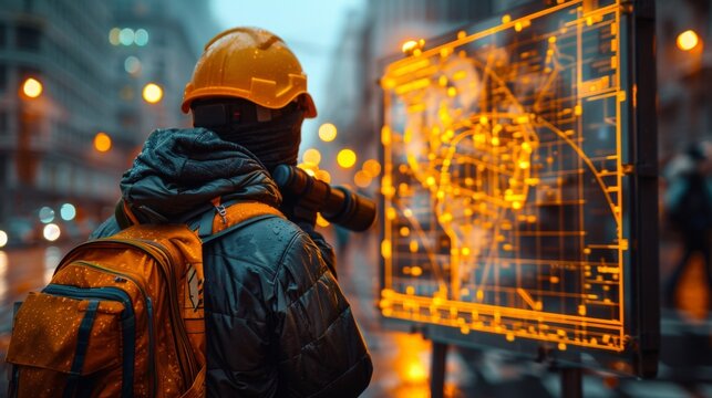 Early morning light casts a golden hue on a surveyor telescope positioned at the edge of an active construction site. The surveyor, in safety gear, peers through the lens