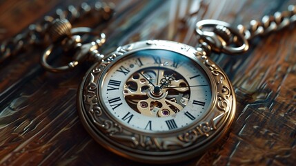 a close up of a pocket watch on wooden table