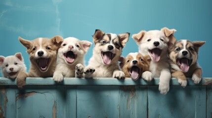 Joyful Tumble Group of Puppies Rolling in Front - obrazy, fototapety, plakaty