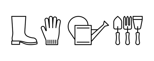Gardening line icons - garden boot, glove, watering can, tools, rake, shovel, hoe. Linear illustration on a horticulture concept. Editable thin stroke. © Choor Vector