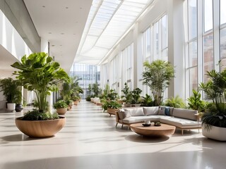 An expansive, sunlit atrium of a modern office building, with lush indoor plants and seating areas for relaxation, generative AI