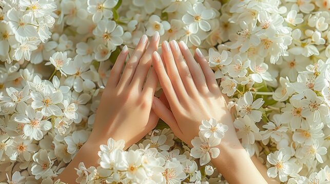 Female hands laid out on a surface covered in a scattering of white spring flowers, nails polished in clear varnish with delicate floral accents that complement the natural beauty surrounding them
