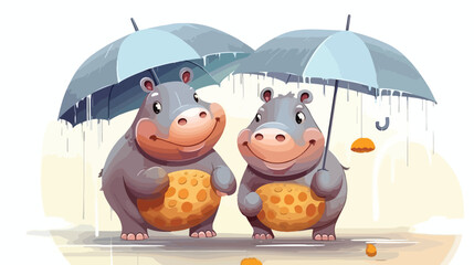 Two Cute Cartoon Hippos with umbrella under 