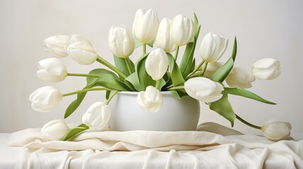 Crisp White Beauty Group of White Tulips Against a White Background - obrazy, fototapety, plakaty