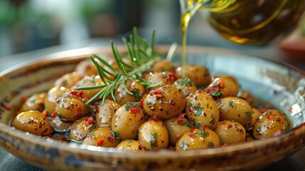 a close up of a bowl of food with a sprig of rosemary being drizzled over it.