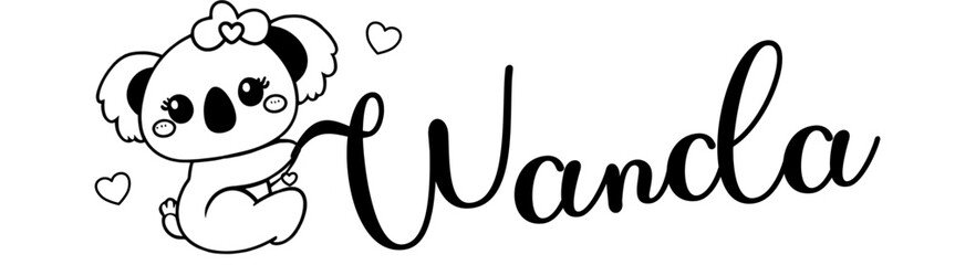 Wanda - black color - name written - Word with Koala kawaii for websites, baby shower, greetings, banners, cards,, t-shirt, sweatshirt, prints, cricut, silhouette, sublimation	