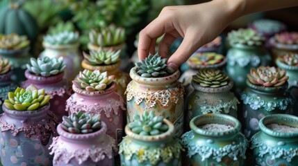 Hands finishing the planting of a succulent in a jar that has been transformed with lace and pastel paints, with the final product being placed among a collection of similarly adorned jars,