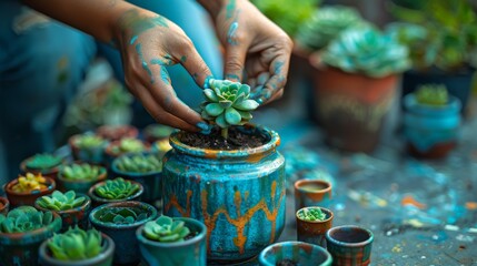 Hands placing a tiny, green succulent into a jar with a beautifully painted geometric pattern, with a spread of other jars, succulents, and 