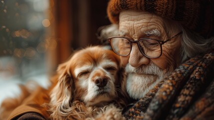 happy old people at home with a favorite pet, the pragma of human-animal love and friendship 