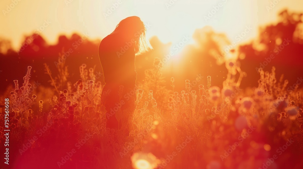 Poster a person standing in a field of flowers with the sun setting in the background and the sky in the fo