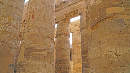 The Temple of Karnak, Luxor, Egypt. Great Hypostyle Hall with Hieroglyphics on Pillar.