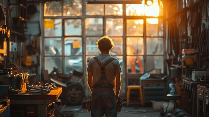 mechanic wears a tool belt loaded with wrenches, sockets, and other automotive tools, light streaming through large windows 